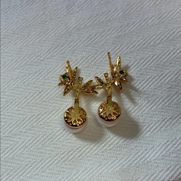 Gold Leaf Pearl Drop Earrings |Sterling Silver Posts | Christmas Gift for Her - Picture 3 of 6